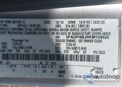 2019 Ford Fiesta Se из США, поврежденный, VIN 3FADP4BJ0KM109025